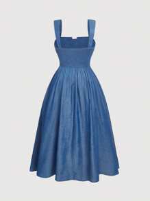 SHEIN MOD Plus Size Women's Blue Tencel Material Spaghetti Strap Loose Hem Maxi Dress,V-Neck, Summer Denim Effect Women Dresses Party,Corset Dress,Birthday Dresses For Women - Blue - View 3