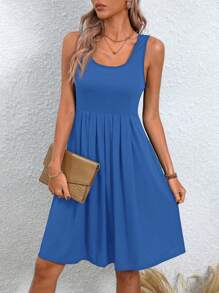 SHEIN LUNE 女士圆领褶皱优雅迷人时尚连衣裙 - 寶藍色 - 查看 7