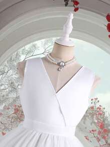 1 件女孩时尚白色公主裙，优雅的晚礼服，带有丰富的白色网眼，在灯光下闪闪发光，整体高贵优雅，适合女孩的可爱温柔，适合夏季、摄影、正式活动、婚礼派对 - 白色 - 查看 4