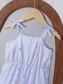 Baby Girls Summer Casual Vacation Chiffon Striped Floral Print Sleeveless Jumpsuit - Blue - View 5