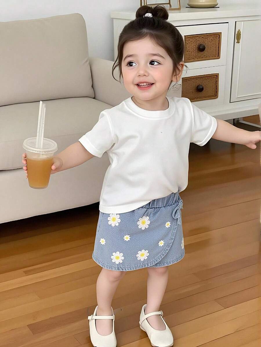 女婴波西米亚风可爱印花牛仔短裤,水洗休闲时尚柔软舒适,适合春夏季 - 藍色 - 查看 1