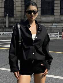 DAZY 女式长袖单排扣休闲宽松牛仔衬衫 - 黑色 - 查看 7