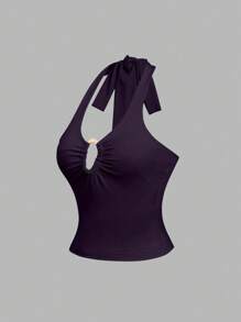 Sweetra Top court ras-du-cou sexy à décolleté profond avec boucle en métal, couleur unie pour femmes