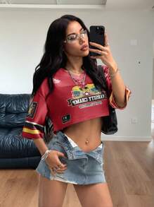 Coolane 女士夏季V领宽松字母印花短袖休闲T恤 - 紅色 - 查看 1