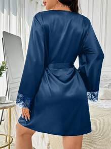 Côtesoire Luxury Plain Satin Robe With Lace Details And Belted Waist For A Chic Look Lace Robe, Fall Lace Sleepwear Lingerie Robe, Winter - Royal Blue - View 2