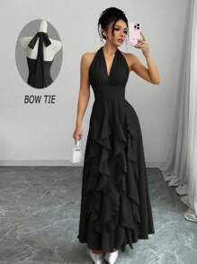Rafferiza Women Red Boho Romantic Elegant Wedding Guest Graduation Birthday Dresses Evening Beach Sun Dress Western Wear Concert Outfit Holiday Travel V-Neck 2025 Spring And Summer New Loose Casual Halter Random Free Straps Original Design Multi-Layered Ruffled Bow Long Maxi Dress - Black - View 6