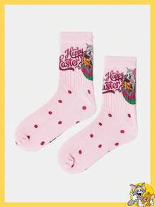 TOM & JERRY X SHEIN 1 Pair Cute Happy Easter Polka Dot Pattern Crew Socks - Pink - View 2