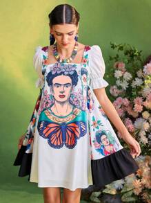 Frida Kahlo X SHEIN X Designer KATHARSIS Vestido mini mujer de verano de silueta de línea A, con mangas de globo, bloqueo gráfico y smocking en la espalda