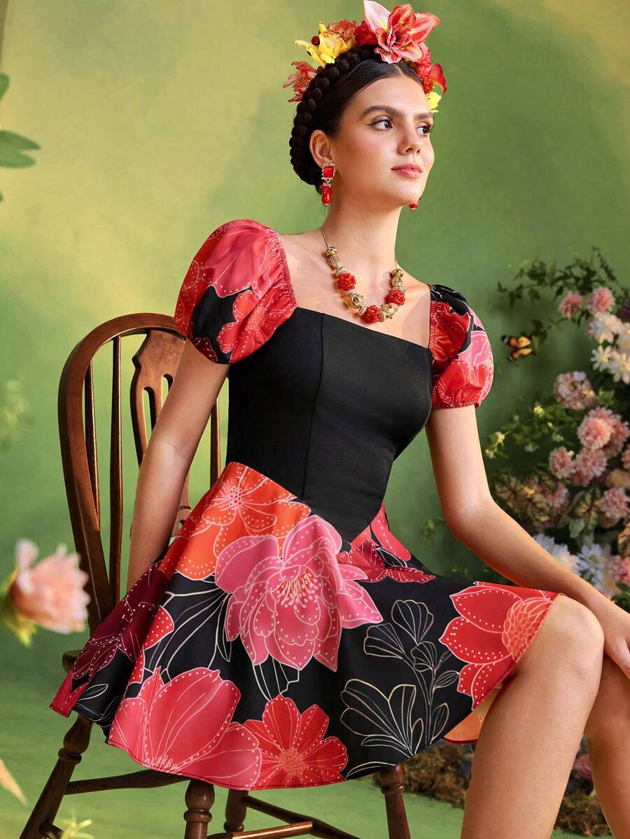 Frida Kahlo X SHEIN X Designer The Perfect Party Vestido mini lindo de manga corta abullonada con estampado floral para mujer, atuendo de vacaciones de verano