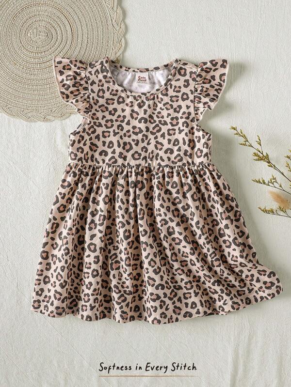 Cozy Pixies Baby Mädchen Leoparden-Muster gestricktes weiches Kleid mit rundem Ausschnitt, Flügelärmel und taillierter Passform