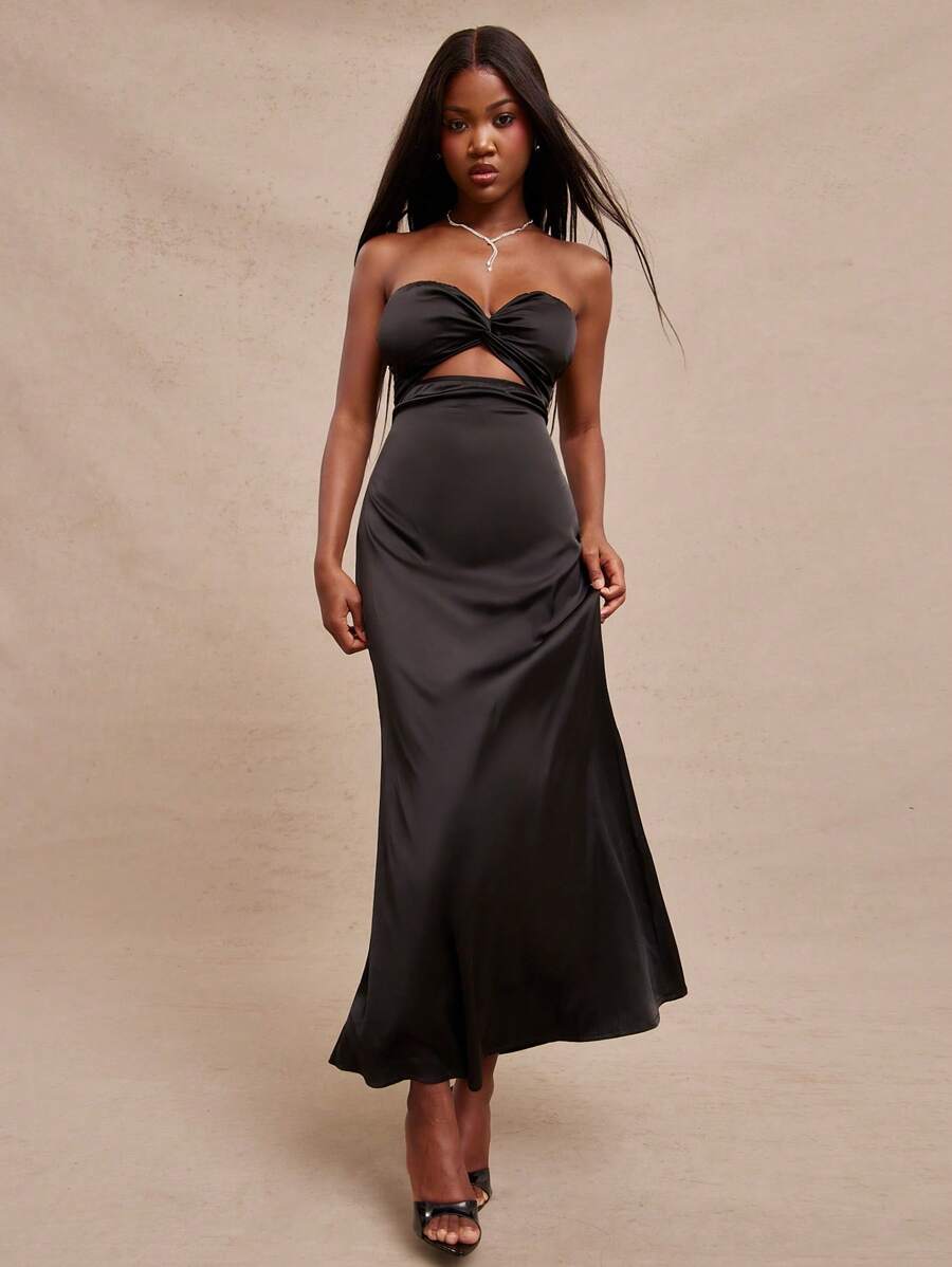 NYA SZN Elegant Black Summer Night Out Dress For Women,Satin Bandeau Twist Knot Cut Out Maxi Dress,Sleeveless Wedding Guest Bridal Party Special Occasion - Multicolor - View 1