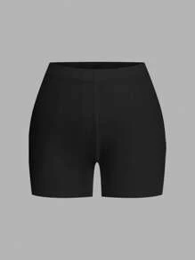 SHEIN EZwear 2pcs/Set Plus Size Solid Color Compression Leggings, Summer Stretchy Shorts Women - Black - View 8