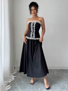 Elenzga Women's Elegant Ruffle Trim Colorblock Vintage Luxurious Bandeau Waisted Dress, Suitable For Music Festival, Graduation, Race, Shopping, Date, Party And Other Occasions