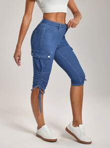 Flexra 女士休闲抽绳口袋卷边及膝牛仔短裤，夏季