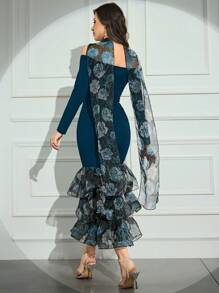 Modelyn 女式花卉拼布网眼露肩长袖修身连衣裙，配鱼尾下摆长款晚礼服 - 藍色 - 查看 2