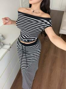 DAZY 条纹和格子拼布露肩短款上衣，搭配抽绳腰带裙 2 件套，休闲风格，适合春、夏、秋装，适合居家、办公室、户外