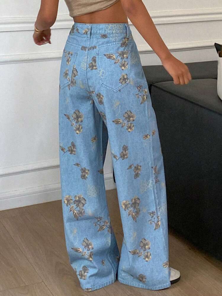 Loose Floral Print Wide Leg Long Denim Jeans, All Season