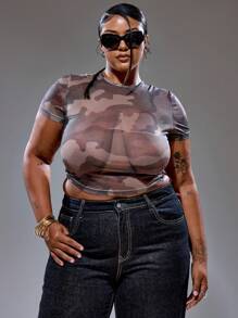 MUSERA Tricou lung cu mânecă scurtă, model camuflaj, stil de vară, stil stradal, vacanță, anii '90, Y2K, drăguț, casual, oraș, muză, mărime plus