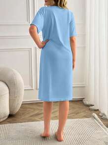 女士高个纯棉撞色标语爱心印花短袖圆领舒适家居休闲睡衣 - 淺藍色 - 查看 2