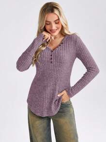 EMERY ROSE Women V-Neck Button Half Placket Long Sleeve Casual T-Shirt, Spring Summer - Purple - View 1