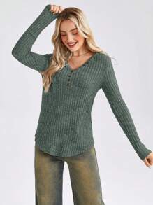 SHEIN LUNE Women's Ribbed Design V-Neck Long Sleeve T-Shirt - Dark Green - View 6