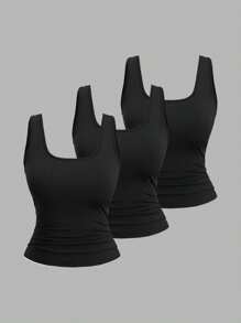 Sweetra Blusa casual de verano con cuello cuadrado, plisada, para mujer de talla grande