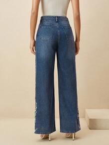 Anewsta Women's New Fashionable Elegant Embroidered Blue Straight-Leg Jeans, Suitable For Valentine's Day And Mother's Day - Blue - View 3