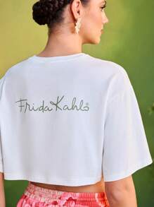 Frida Kahlo X SHEIN X Designer TIYA Conjunto informal de verano para mujer con camiseta elegante y pantalones cortos estampado floral rosado