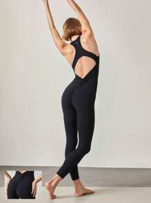 GLOWMODE 24" FeatherFit™ Scrunch Butt Cutout Racerback Active Bodysuit Jumpsuit Low Impact Yoga Daily Removable Cups - Black - View 11