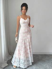 Rafferiza Women's Floral Lace Elegant Long Dress, Spaghetti Strap, Summer - Multicolor - View 6