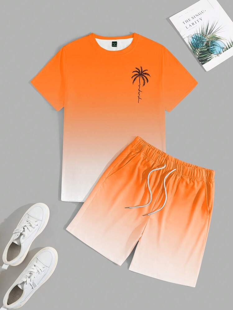 Genlund Men's Vacation Casual Coconut Tree Gradient Print T-Shirt