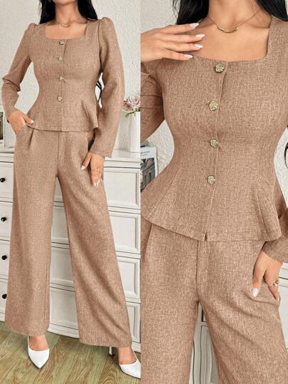 Modelyn 女士优雅纯色方领泡泡袖褶饰夹克和宽松阔腿裤两件套，春秋