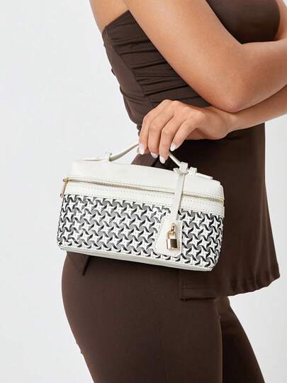 SHEIN SXY 女士手提包，编织包，时尚，简约，优雅，百搭，经典，PU编织，镂空藤条编织，金属挂锁装饰，适合通勤、办公、约会、日常、购物、下午茶、派对，白色