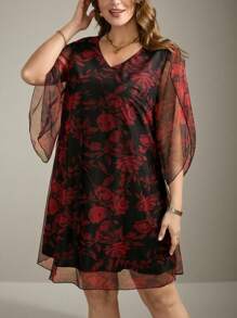 Flouryn Plus Size Women Boho Contrast Color Print Mesh Elegant Dress, Romantic Resort Wear Spring & Summer - Red - View 5
