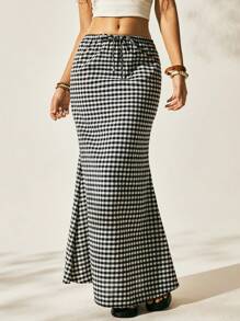 Easelle Plaid Design Drawstring Waist Casual Long Skirt For Women, Summer - Black and White - View 5