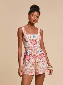 Travachic Women's Tropical Floral Print Jumpsuit/Romper, Vacation Wear,Vacation Outfits Woman,Vacay Outfits Women,Beach Vacation Outfits,Summer Outfits For Women,Romper,Jumpsuits For Woman