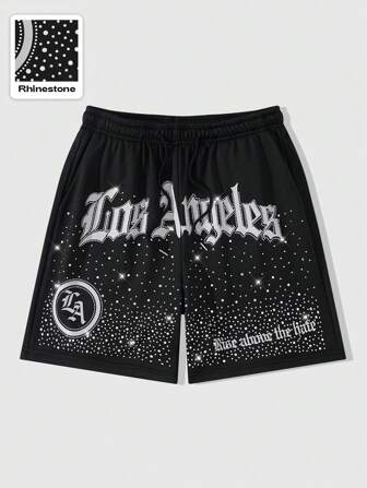 Street Life Pantalones cortos con cintura con cordón, bolsillo insertado y detalles brillantes con diamantes para hombre