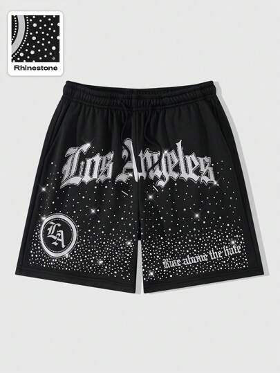 Street Life Men's Street Drawstring Waist Insert Pocket Letter Sparkly Diamond Shorts