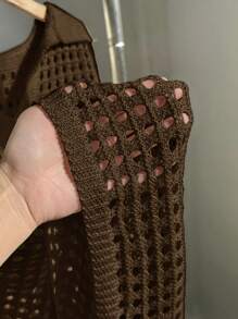 Comfortcana Plus Size Solid Color See-Through Hollow Out Casual Long Sleeve Sweater In Fall/Winter - Brown - View 6