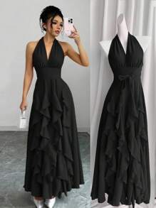 Rafferiza Women Red Boho Romantic Elegant Wedding Guest Graduation Birthday Dresses Evening Beach Sun Dress Western Wear Concert Outfit Holiday Travel V-Neck 2025 Spring And Summer New Loose Casual Halter Random Free Straps Original Design Multi-Layered Ruffled Bow Long Maxi Dress - Black - View 4