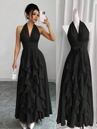 SHEIN Raffinéa Women Black Summer Elegant Party Dress Boho V-Neck Halter Ruffled Maxi Dress, Wedding Guest Birthday Graduation Evening Gown 2025