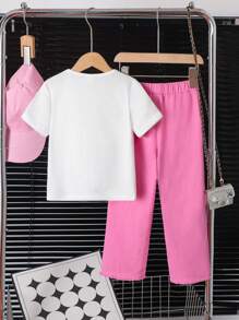 SHEIN Conjunto de 2 piezas para niñas: Camiseta de manga corta de unicolor y pantalones vaqueros estampados con mariposas y decoración de moño 3D, lindo y casual para verano, al aire libre y vacaciones para adolescentes