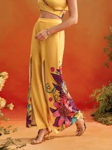 Frida Kahlo X SHEIN X Designer Israel Jasso Pantaloni a gamba ampia con stampa floreale posizionata, fessura sexy aperta, adatti per le vacanze estive