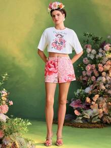 Frida Kahlo X SHEIN X Designer TIYA Conjunto informal de verano para mujer con camiseta elegante y pantalones cortos estampado floral rosado