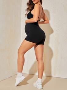 SHEIN Double-Layer Solid Color Sleeveless Maternity Romper With Slim Shoulder Spaghetti Strap For Summer