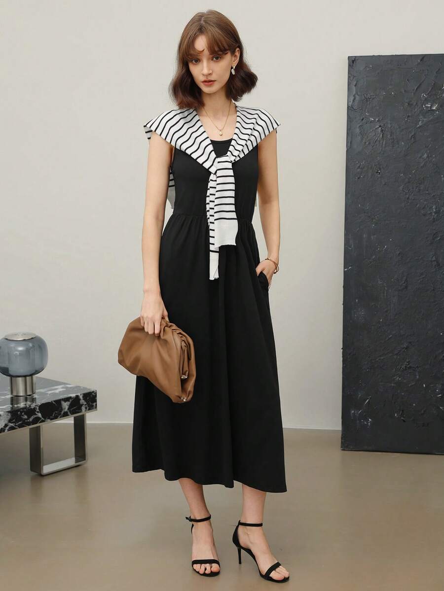 EMERY ROSE 纯色斜口袋 A 字形长款女装 - 黑色 - 查看 1