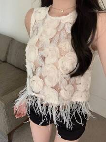 DAZY Blusa elegante estiva da donna in organza, con decorazioni in pizzo floreale 3D, trasparente, con frange all'orlo, senza maniche. Top corto da donna per uscire - Bianco - Visualizzare 5
