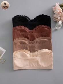 SHEIN Bộ 4 chiếc/Bộ đồ lót nữ nhiều màu, áo ngực không dây, khóa trước viền sóng, áo ngực cúp ngực có đệm có thể tháo rời - Nhiều màu - Xem 5