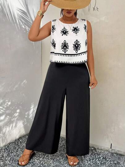 EMERY ROSE 2 Peças Conjunto de Blusa Floral sem Mangas e Calça Perna Larga Plus Size Feminino para Verão