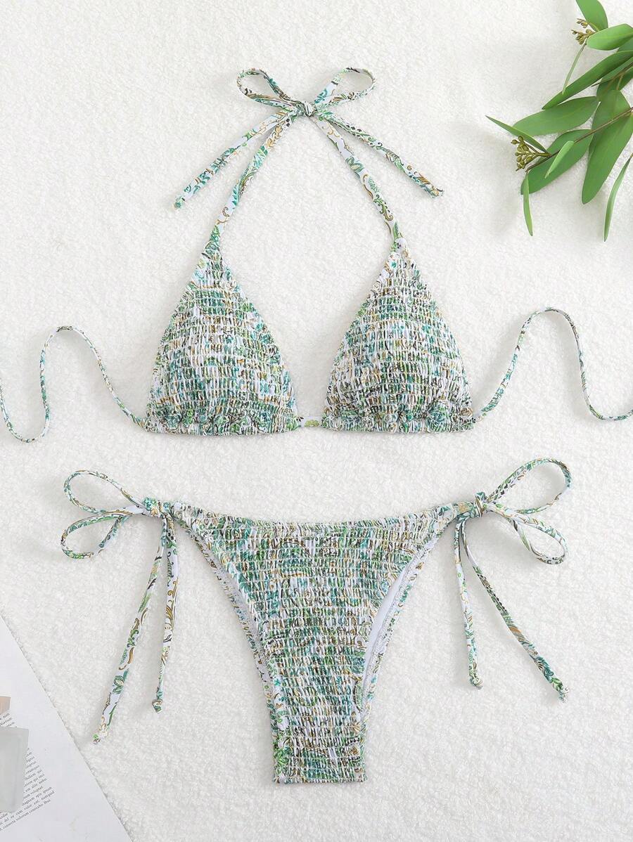 Swim Vcay 女士夏季海滩度假褶饰热带印花吊带泳衣比基尼套装 - 彩色 - 查看 1